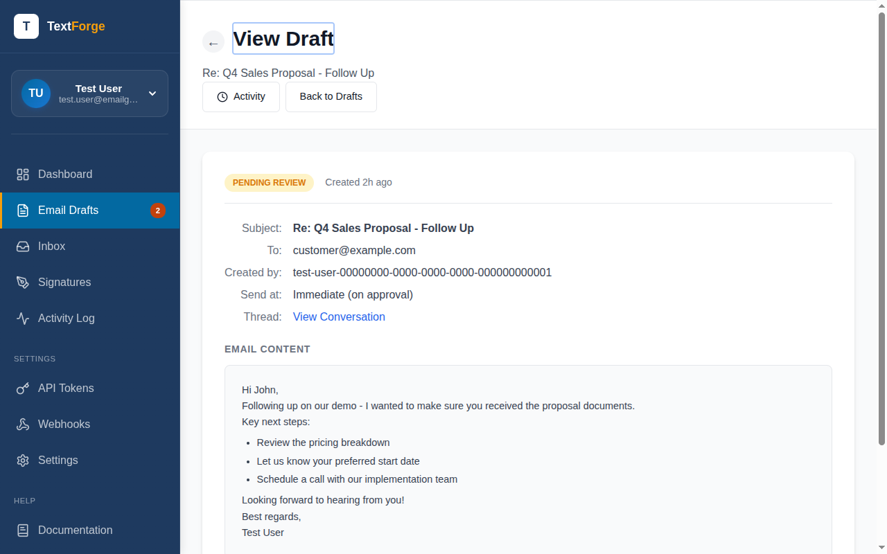Draft review page showing email content, recipient, subject line, and Approve, Reject, and Edit buttons.