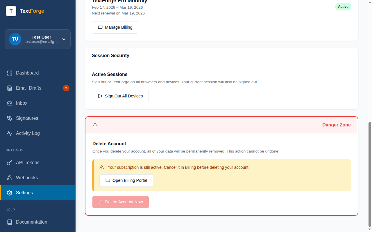 Settings page showing the Danger Zone section with Delete Account button and 7-day grace period warning.
