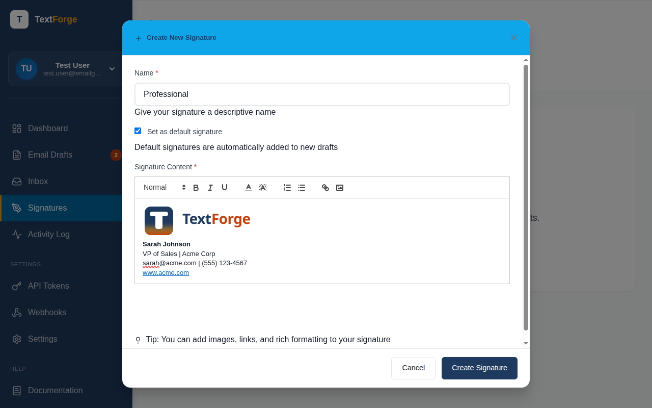 Signature editor showing a company logo image, bold name, title, contact info, and a hyperlinked website in the rich text editor.