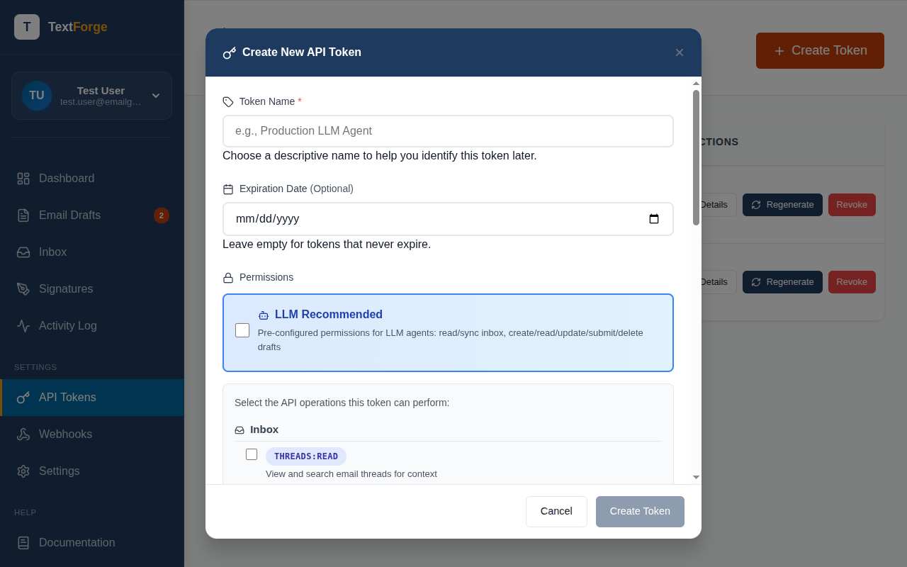 Create Token dialog showing fields for token name and permission scope checkboxes.