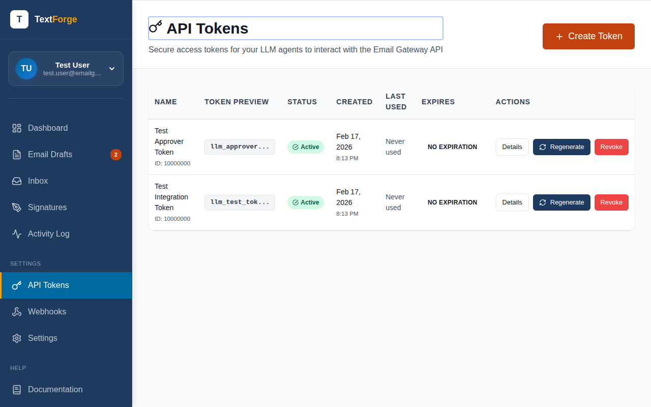API Tokens settings page showing a list of created tokens with their names, creation dates, and revoke buttons.