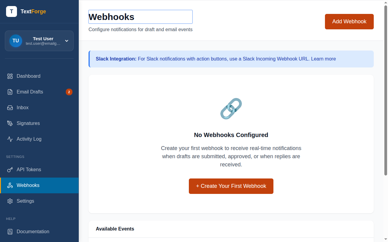 Webhooks settings page showing the Add Webhook form with URL field, event checkboxes, and the generated signing secret.