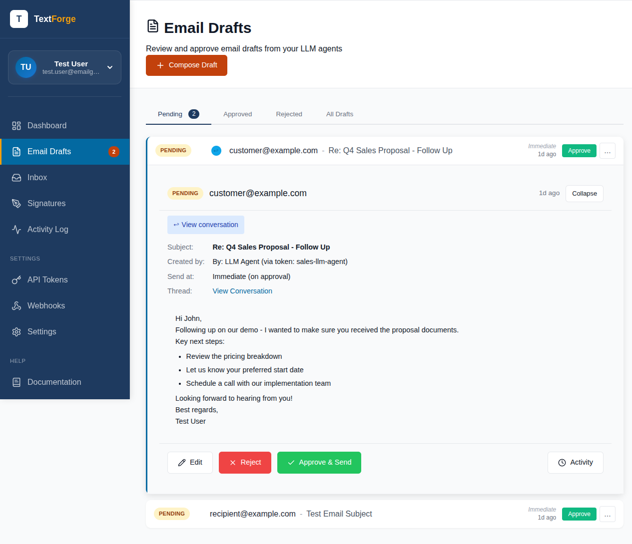 TextForge draft approval interface showing a pending sales follow-up email with Edit, Reject, and Approve buttons